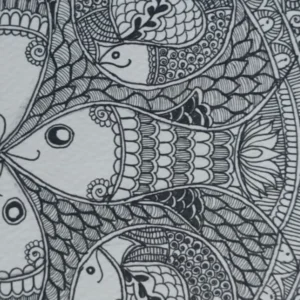 Harmony of Fishes Madhubani painting close-up