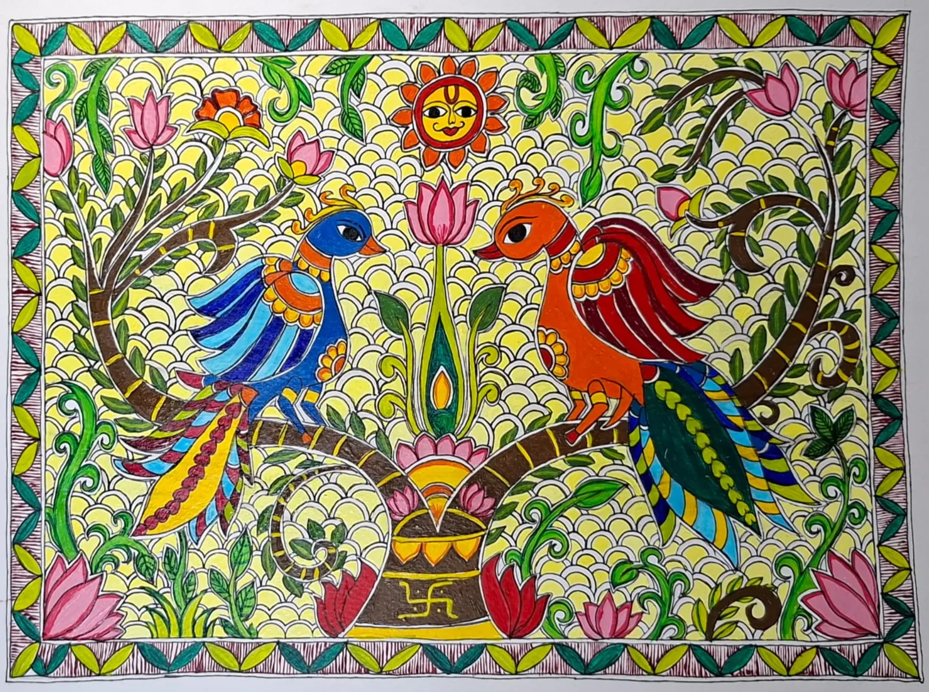 Original Madhubani Bharni painting – Twin Peacocks & Lotus