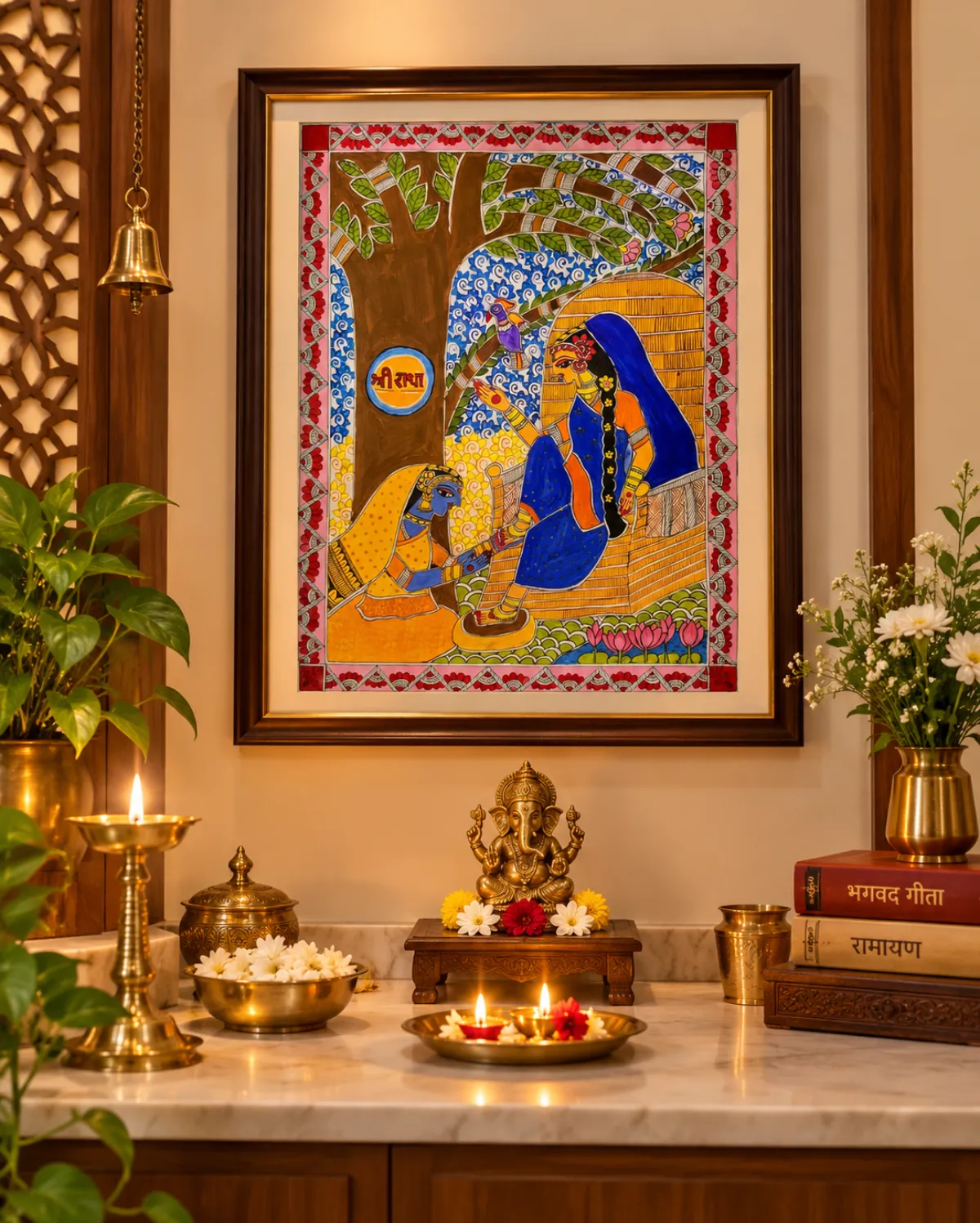 Original Radha Gopi Madhubani painting styled display, frame not included