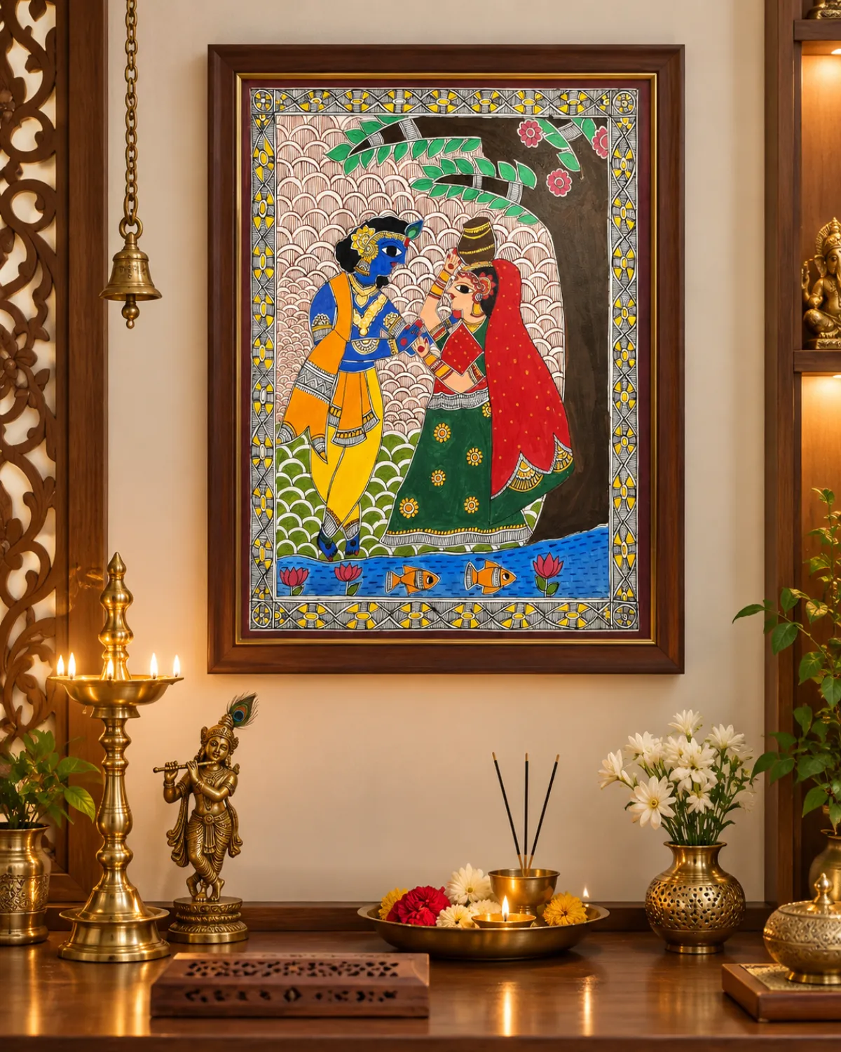 Radha Krishna Madhubani painting displayed in a pooja room
