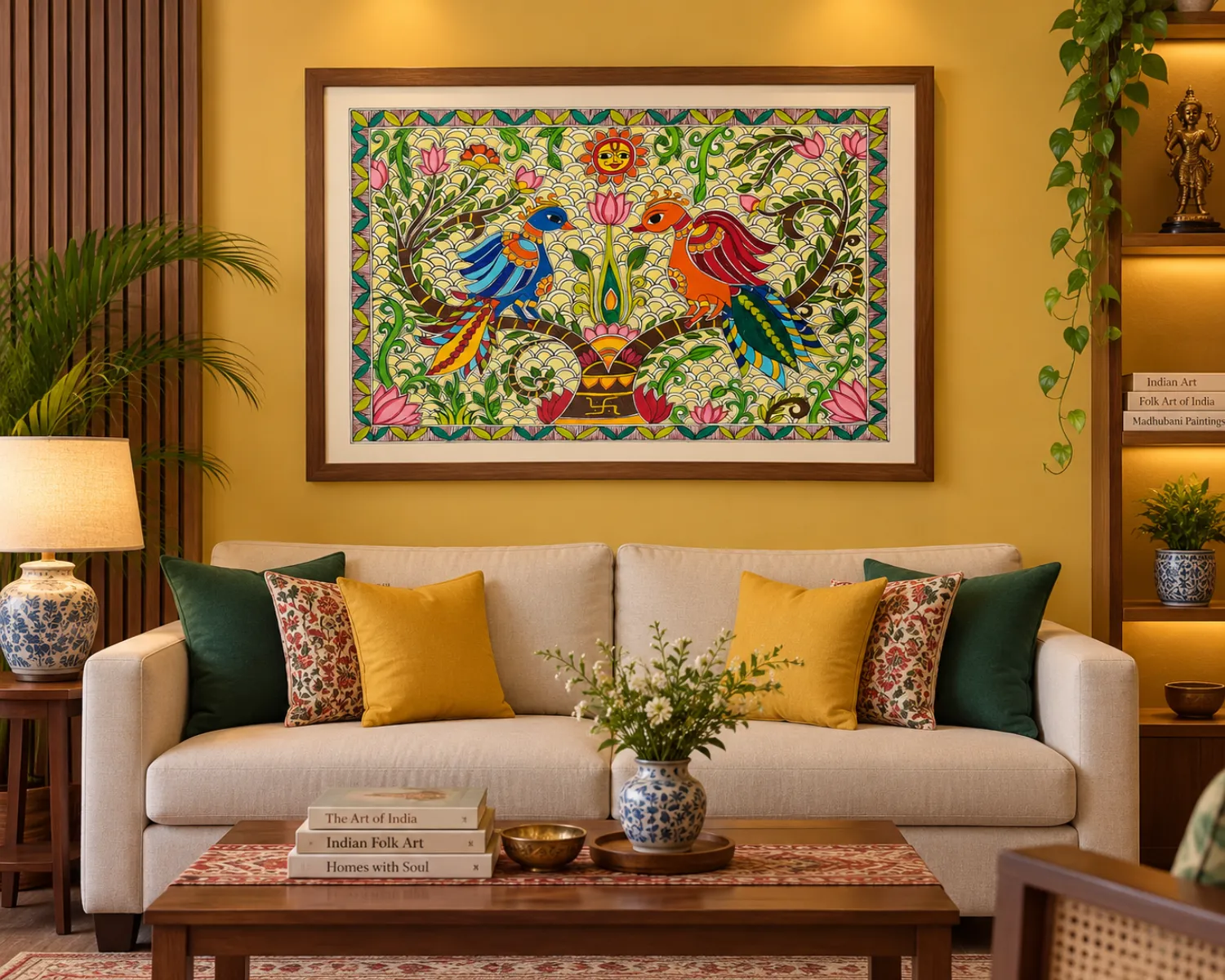Twin Peacocks & Lotus Madhubani painting size reference 