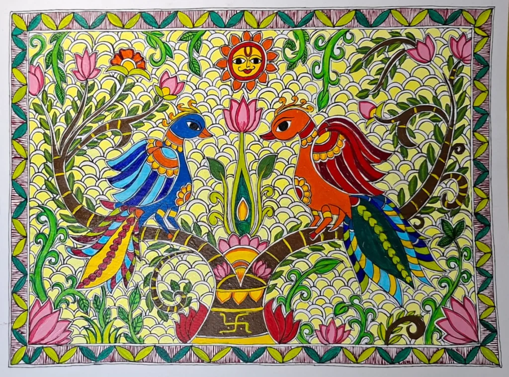 original-madhubani-bharni-painting-twin-peacocks-lotus