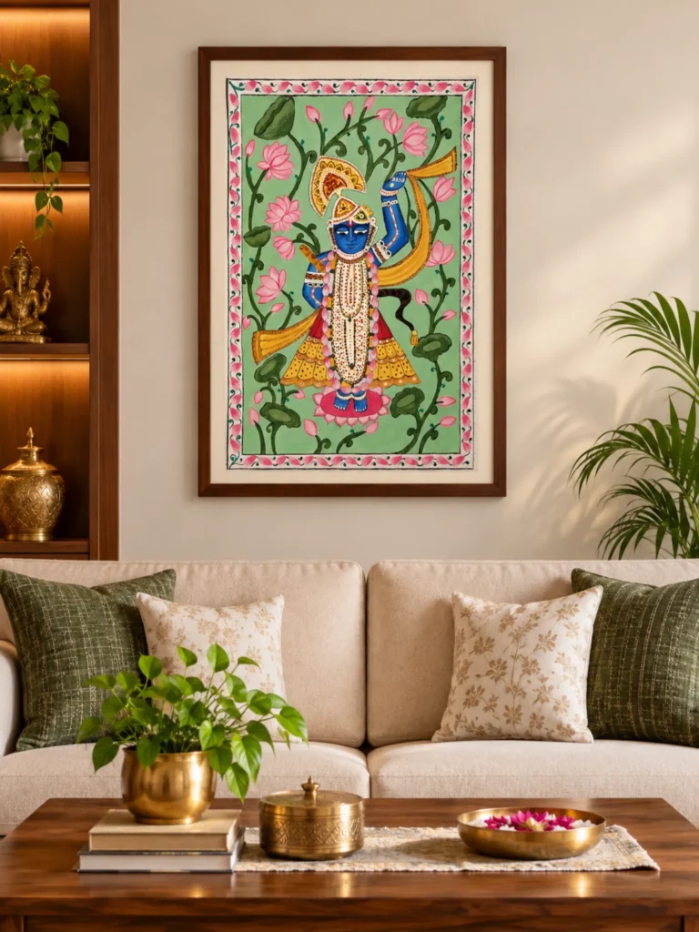 Shri Nathji Pichhwai Painting displayed in a living room Shri Nathji Pichhwai Painting displayed in a living room